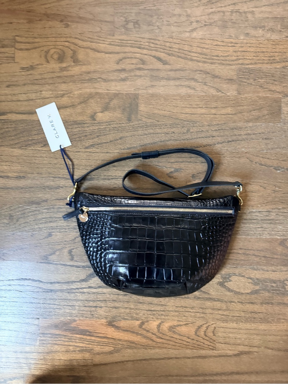 Hard to find Clare V Black Croc-Embossed Grande Fanny Bag with Gold Zipper - Picture 9 of 12